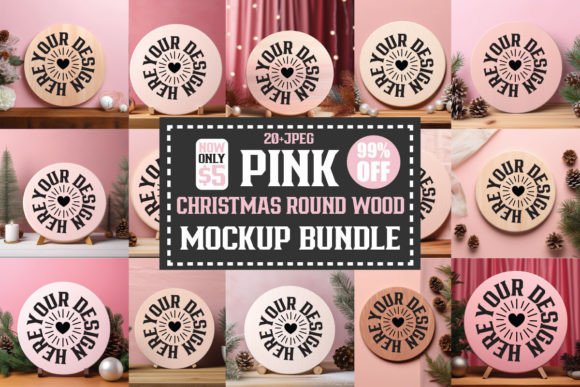 Christmas Pink Round Wood Mockup Bundle: Graphics for Christmas Amp